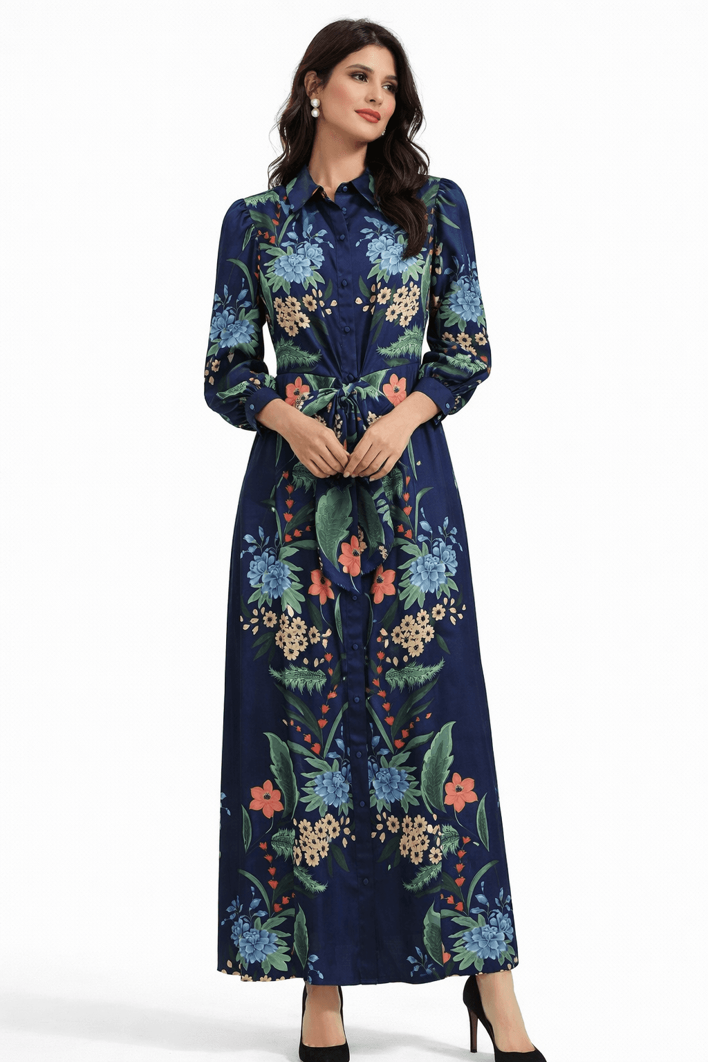 Long-sleeve Collared Maxi Shirt Dress